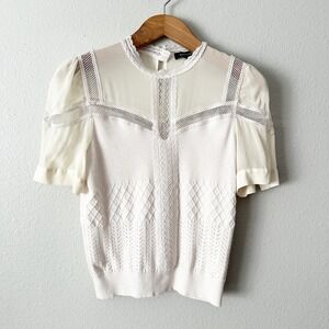 Maryling Sheer Lace Trim Knit Top Blouse Sheer Sleeve EU Size 42 US Size Medium